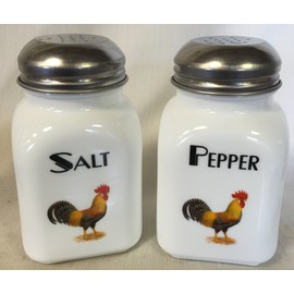 Salt & Pepper Shaker - Square Stove Top Jars - Rosso Glass Exclusive - Chickens - American Made - Mosser Glass USA (Milk w/Leghorn)