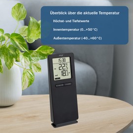 TFA Dostmann Logoneo Thermometer Indoor/Outdoor 30.3071.01, with Outdoor Transmitter, Optionally Expandable to 3 Transmitters, Includes Clock, Black