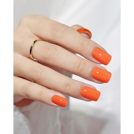 24 Pcs Short Square Press On Nails with Jelly Glue,Reusable Soft Gel Fake Nails Kit for Women and Girls with Feature Protective UV Coating DIY,Neon Orange Nails Press Ons