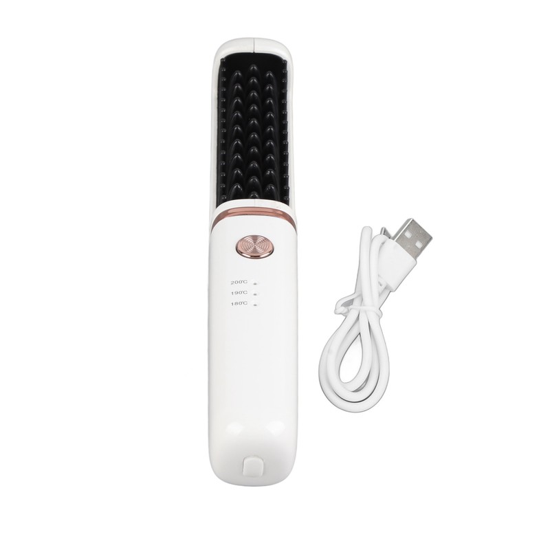 Hair Straightener Brush USB Rechargeable Hair Straightening Curling Brush Pearl