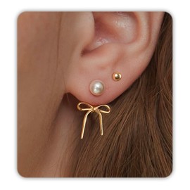 Smilebelle Pearl Earrings for Women, 2 Pairs Gold Earrings Set Gold Bow Earrings for Women Trendy Pearl Hoop Earrings Twist Rope Bow Pearl Dangle Earrings Studs Jewelry Gifts for Women