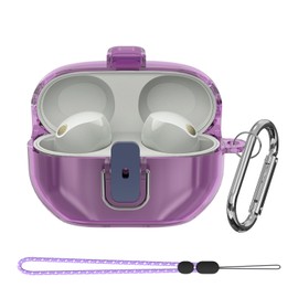 POZCIS - Funda para Sony WF-1000XM5, funda protectora de TPU suave transparente, solo compatible con Sony WF-1000XM5, funda para auriculares con mosquetón y accesorios de cordón (morado transparente)