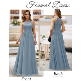 Wedtrend Evening Dress Women's Long Halterneck Dress Women's Cocktail Dress Elegant for Wedding Prom Dress Chiffon Lace Dress, Haze-Blue