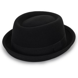 Porkpie Men's Flat Top Hat Black Wool Hat with Ribbon - Small/Medium, black