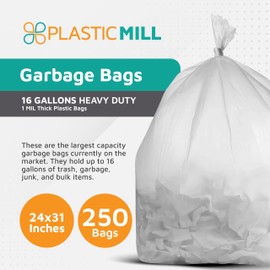 PlasticMill Heavy Duty Trash Bags - Clear Garbage Bags - Plastic Trash Bags - Kitchen, Bathroom, Office Garbage Bags, Trash Can Liners - 12-16 Gallon, 1 Mil, 24"x31" (250-Count)