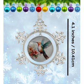 FQJNS Hummingbird on Christmas Background Snowflake Ornament Metal Glass Christmas Tree Ornament for Hanging On Xmas Tree Home Decoration