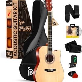 Pyle Steel String Acoustic Guitar Kit, 4/4 Full Size Cutaway All-Wood Guitarra Acustica with Premium Accessory Set and Upgraded Gig Bag, 41" Cherry Burst Glossy:_Natural Glossy