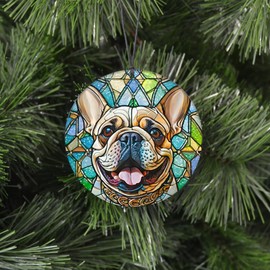 French Bulldog Christmas Ornament - Faux Stained Glass Embossed Design Effect - 2024 Acrylic Decoration For Tree - Unique Dog Gift and Home Decor