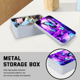 VACGBJPG Metal Tin Box with Lid for Game Cards Home Organizer Candles Keys Crafts Storage - Equipped with 4 Magnetic Cord Clips，Purple Moon Blue Butterfly