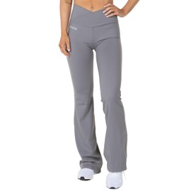 Divina Flare Tights Flared Leg Leggings with Cross-Over Waistband Perfect for Training, Yoga, Walking and Everyday Wear. Grey L