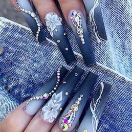 Press on Nails Long Coffin Square Black Gradient Blue Flower Rhinestone French Tip Fake Nails Long with Designs Full Cover False Nails Square French Tip Glue on Nails Cute Acrylic Thick Stick on Nails for Women Nails Art 24Pcs BKS1544