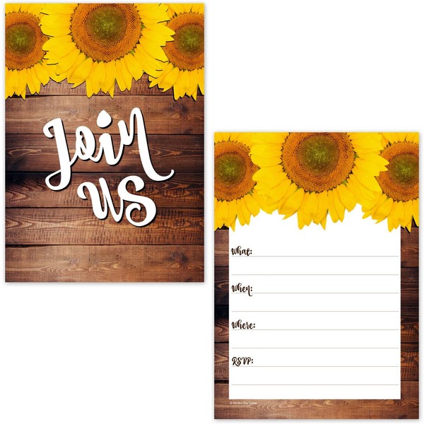 Rustic Sunflower on Barn Wood Design Fill in The Blank Party Invitations (20 Count with Envelopes) - Fall Autumn Invites - Baby Shower, Birthday, Bridal Shower, All Occasion