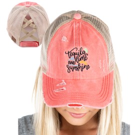 Funky Junque Women's Distressed Camo Ponytail Baseball Hat Messy Bun Ball Cap for High Bun with Criss Cross Back - 2 Pack - Baby Leopard & Camo Jet Black