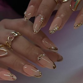 3D Gold Stripe Press on Nails Medium Almond Fake Nails With Pearls Rhinestones Designs Gold Line False Nails Acrylic Glue on Nails Full Cover Stick on Nails Artificial Nails for Women 24 Pcs