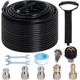 150FT Sewer Jetter Kit for Pressure Washer, 5800PSI Water Jet Durable Drain Cleaner Hose 1/4 Inch NPT Corner with 4 Specialized Nozzles，Waterproof Tape, Pearl Corsage Pin, Handle Strap & 2 Spanners