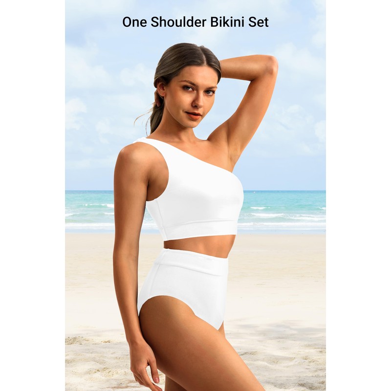 Holipick White Women One Shoulder High Waisted Bikini Sets Two