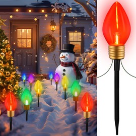 2 Pack Jumbo C9 Christmas Lights Outdoor Decorations Lawn with Stakes, 11Ft 5 LED Pathway Marker String Lights for Holiday Outside Yard Garden Decor, Large Multicolor Bulbs, 10 Lights