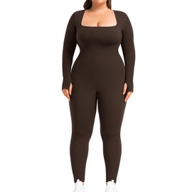 BLEVONH Women's Yoga Jumpsuits Ribbed Workout Rompers Square Neck Long Sleeve Bodysuits Full Length Plus size Brown XL
