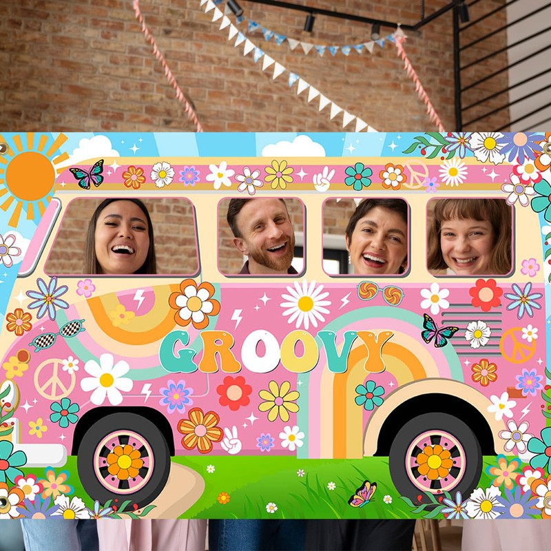 Lecheme Hippie Party Decorations Groovy Bus Banner 60s Daisy Backdrop