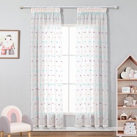 MYSKY HOME Curtain Set of 2 Curtains with Ruffle Tape, Sheer Voile Curtain, Children's Room Curtains, Rainbow, Living Room, Modern Embroidery, Transparent Decorative Curtain for Bedroom, H 225 x W 140