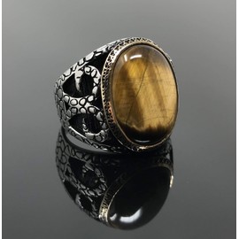 KAR Carved Snake Design 925K Sterling Silver Tiger Eye Men's Ring I1U