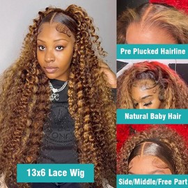 32-Inch Highlight Lace Front Wigs Human Hair 13x6 180% Density Deep Curly Ombre Honey Blonde P4/27 HD Transparent Lace Front Wig for Women Deep Wave Lace Frontal Wig Human Hair