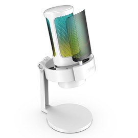 Fifine PC USB RGB Mic, Streaming Gaming RGB Computer Condenser Mic for Podcast, Recording, Vocal, Desktop Mic for Windows Mac, Gamer Streamer Setup with Mute&Gain, Headphones Jack-White A8W