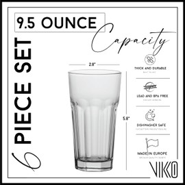 Vikko Drinking Glasses, Set of 6 Juice Glasses 9.5 Oz, Thick and Sturdy Kitchen Glasses, Dishwasher Safe Highball Glass Tumbler, Heavy Duty Cups, Water Glasses