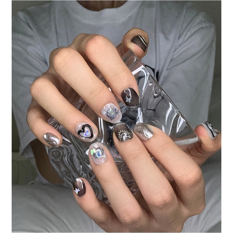 Metal Heart Handmade Nail Tips - Short Oval / 메탈하트