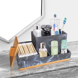 Bathroom Countertop Organizer with Lid, Large Size Toothbrush Holder Organizer, Bathroom Vanity Storage with Lid for Cotton Ball, Cotton Swab, Floss, Resin in Black Marble and Metalic Gold