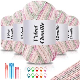 Maxee 500 g (5 x 100 g) Velvet Baby Wool, Velvet Chenille Yarn with Crochet Tools, Cuddly Soft Velvet Chenille Yarn, Fluffy, Soft Plush Wool, Crochet Yarn, Wool for Knitting and Crochet, Colour