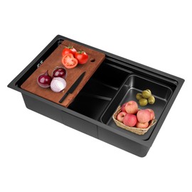 Black Kitchen Sink, 29.5" x 17.7" Undermount Workstation Sink, Drop-in Single Bowl Bar Sink, 304 Stainless Steel with Chopping Board & Accessories, Deep 8.8" Basin, Sound-Absorbing Design