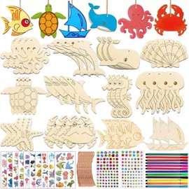 Barlone Pack of 60 Craft Sets for Children, DIY Wooden Painting Children Sea Animals, Wooden Pendants for Painting, Binder Craft Set with Watercolour Pen, Gemstone Stickers, Decorative Cord, Crafts
