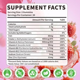 Iron Supplement Gummies for Women & Men, Vegan Iron Gummies with Vitamin C, A, B-Complex, Folate, Zinc for Blood Building & Energy Support, Strawberry Flavor, 60 Count