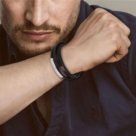 SHIEAGLELD Men's Leather Bracelet Brown Multilayer Braided Leather Stainless Steel Bracelet with Magnetic Clasp, Stainless Steel