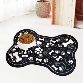 Dog & Cat Food Mat Bone Shaped Pet Feeding Mat Quick Absorb Water Bowl Placemat with Rubber Backing Indoor Floor Stain Resistant Pet Accessory Supplies (Black, 12x18 Inches)
