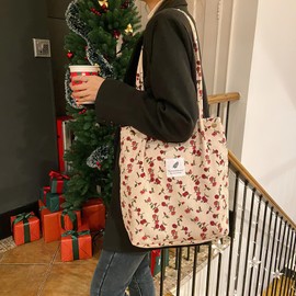Anopo Cord Bags Women's Large Tote Bag with Inner Pockets Casual Handbag Shoulder Bag Shopper Fashion Fabric Bag for Everyday Office School Trip Shopping, Beige rose