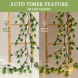 Waipfaru 7.2FT Prelit Christmas Garland with Lights, Lighted Cedar Garland with Timer, Norfolk Pine Garland for Mantle Fireplace Xmas Christmas Decoration Indoor Outdoor (Pine)