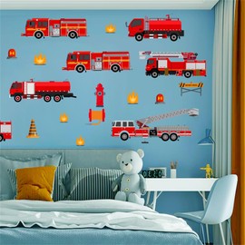WOHAHA Red Fire Trucks Wall Decals Transportation Firefighter Vehicle Wall Stickers Peel and Stick Removable Wall Art Murals Boys Bedroom Playroom Kids Nursery Room Decor