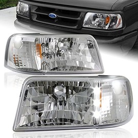 EPARTS 1-Piece LED Headlight Lamp w/Reflector Pair Fit for 1993 1994 1995 1996 1997 Ford Ranger STX XL XLT, Auto Replacement Assembly, Car Mods Accessories (Chrome Housing Clear Lens Amber Reflector)