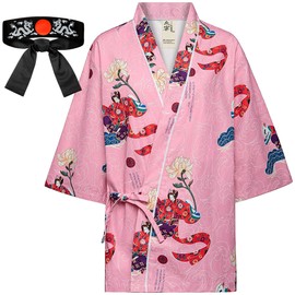 Alijulice Japanese Sushi Restaurant Chef Coat Uniforms, 3/4 Sleeve Kimono Floral Workwear Jacket Dragon Black Headband XL (Pink Floral, XL)