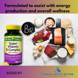Super Vitamin B Complex Spring Valley- Tablets 100 Count Blend of B6 B12 C thiamine biotin folate pantothenic Acid and riboflavin, Boxed by Fusion Shop Store