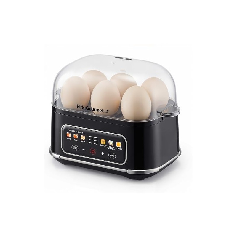 Elite Gourmet Digital Egg Cooker, 6 Egg Capacity, Soft/Medium/Hard Boiled,