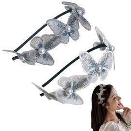 scicent Hairbands 2 Pieces Butterfly Headband with Pearl Five Mesh Embroidery Butterfly Hair Band Fashion Headpiece Festival Party Costume Hair Accessories for Woman and Girls (White+Grey) - 23426