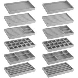 FHDUSRYO 12Pcs Velvet Stackable Jewelry Trays, Jewelry Drawer Organizer, Large Removable Display Jewelry Tray, Necklace Bracelet Storage Box for Earring, Ring, Brooch, Watch (Grey)