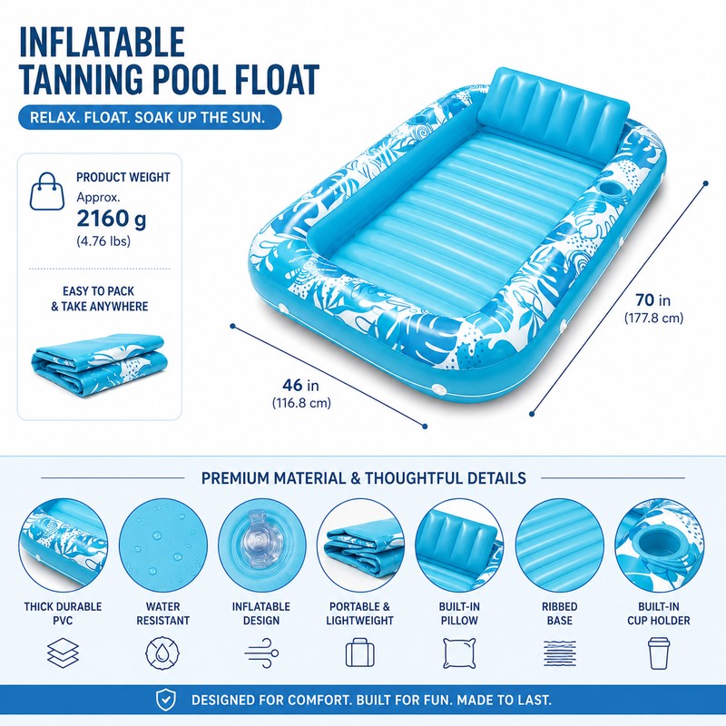 Inflatable Tanning Pool Float for Adults – 4-in-1 PVC Lounge