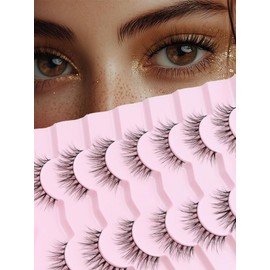 Natural Lashes False Eyelashes 10MM Short Lashes for Small Eyes C Curl Fake Eyelashes Thin Cotton Band 3D Volume Strip Lash Pack Soft Eyelashes 7 Pairs Siligli