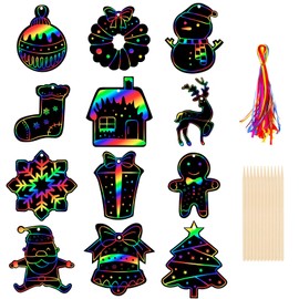 Kiiwah Pack of 36 Christmas Scratch Pictures for Children, Christmas Scratch Paper Rainbow Scratch Art with 36 Ribbons and 12 Wooden Pens for Children Crafts, Christmas Gift Cans, Christmas Tree