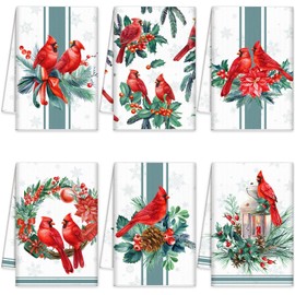 FuWeave 6 Pcs Christmas Kitchen Towels Green Red Cardinal Winter Dish Towel 21 x 14 Inch Decorative Bathroom Hand Towel Absorbent Holiday Tea Towel Christmas Decor for Kitchen Farmhouse Gift