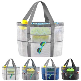 HATINXIA Beach Bag, Mesh Beach Bags for Women Vacation, Large Sandproof Foldable Tote Bag with Pockets for Beach, Picnic Swimming Pool, Gym, Camping and Shopping Grocery (White)